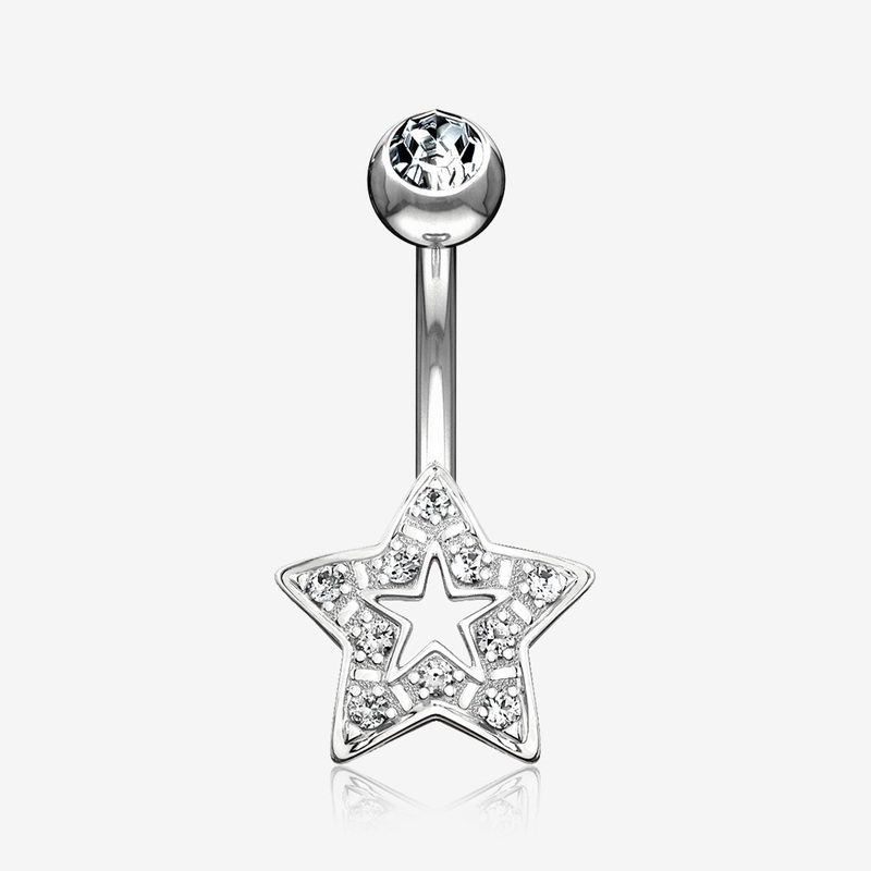 14 Karat White Gold Charming Star Sparkle Belly Button Ring