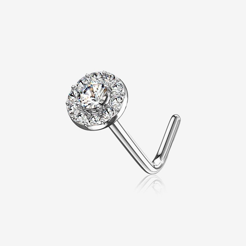 14 Karat White Gold Double Tiered Brilliant Sparkle Multi Gem L-Shaped Nose Ring