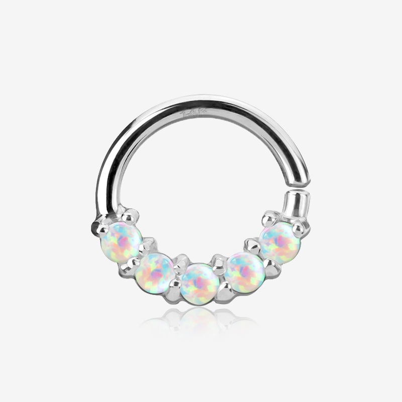 14 Karat White Gold Fire Opal Prong Set Lined Bendable Hoop Ring*