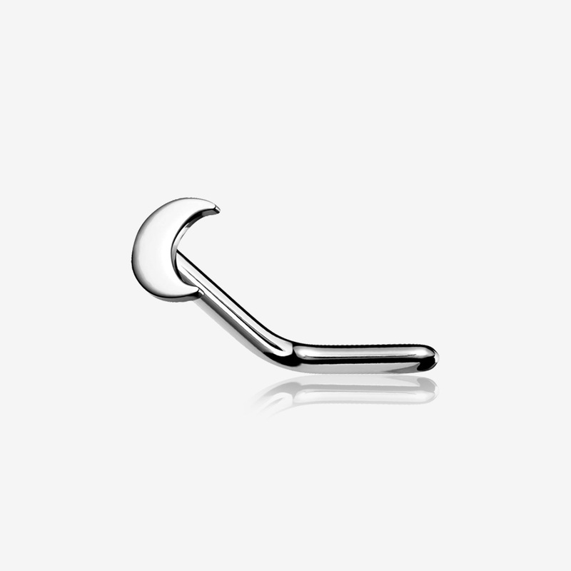 14 Karat White Gold Flat Crescent Moon Top L-Shaped Nose Ring
