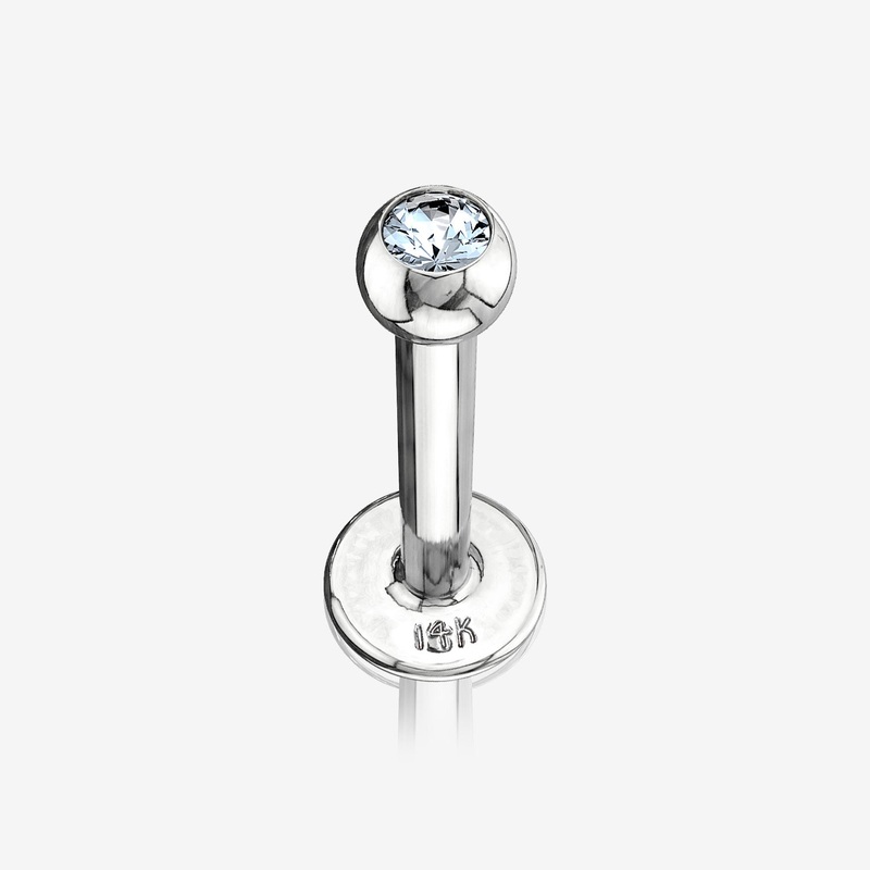 14 Karat White Gold Gem Ball Top Flat Back Stud Labret 16 GA (1.2mm), 1/4″ (6mm), Ball: 3mm