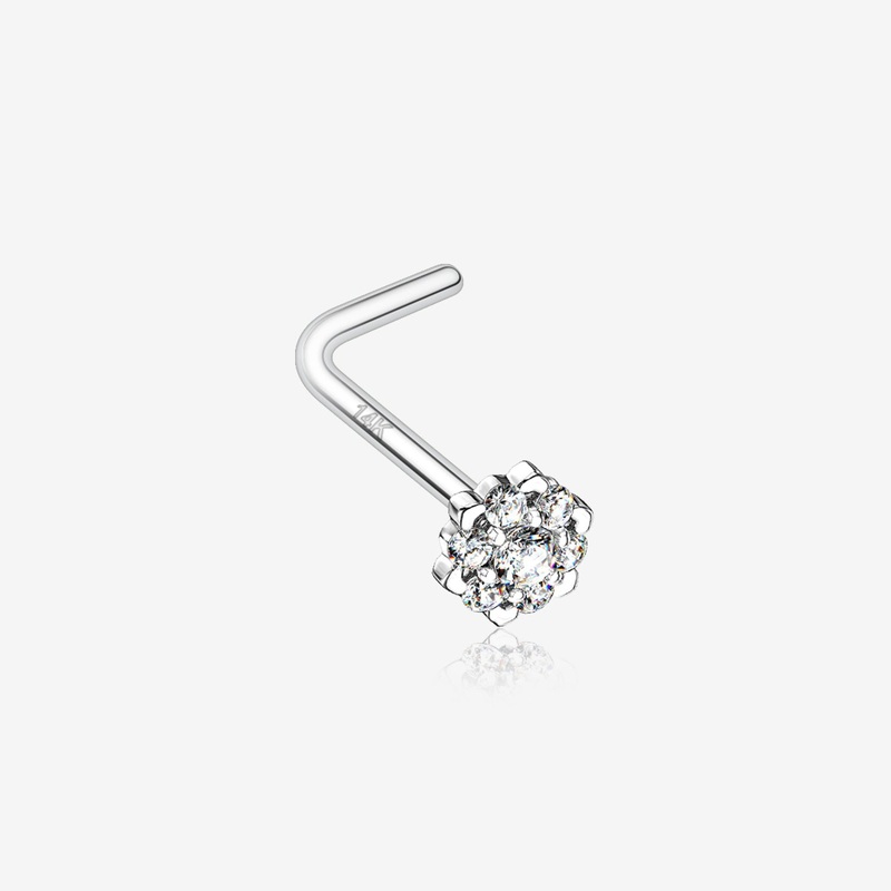 14 Karat White Gold Glistening Multi-Gem Flower Sparkle L-Shaped Nose Ring