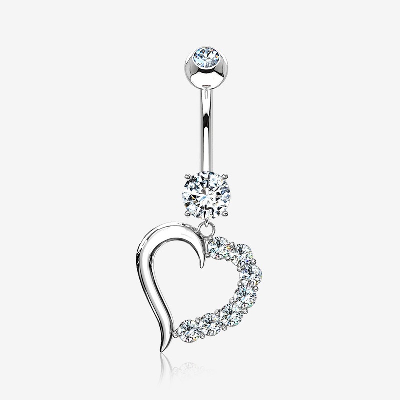 14 Karat White Gold Journey Sparkle Heart Dangle Belly Button Ring