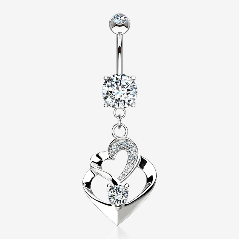 14 Karat White Gold Luscious Heart Twirl Sparkle Belly Button Ring