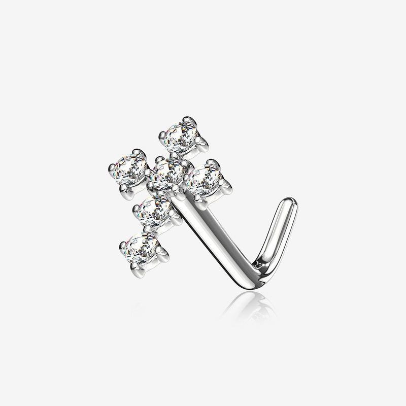 14 Karat White Gold Multi-Gem Sparkle Cross L-Shaped Nose Ring