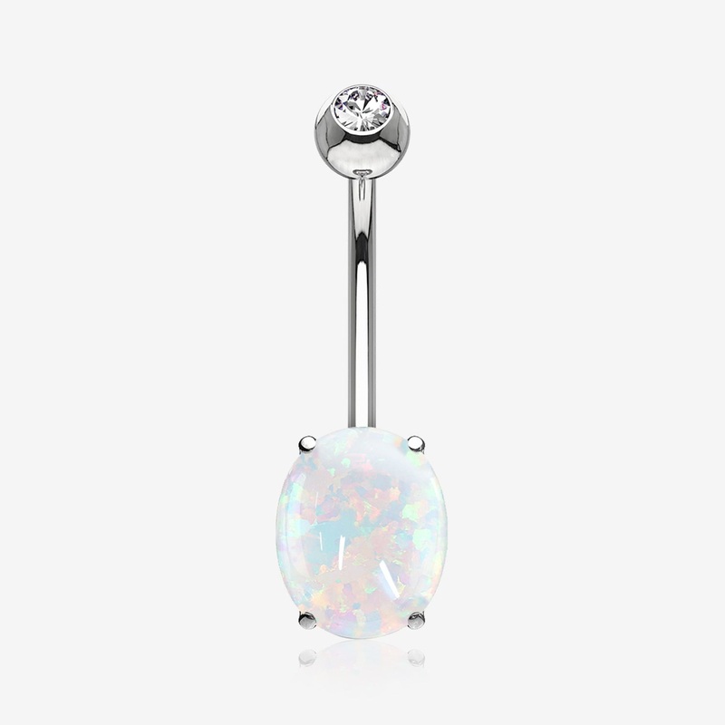 14 Karat White Gold Prong Set Fire Opal Sparkle Belly Button Ring