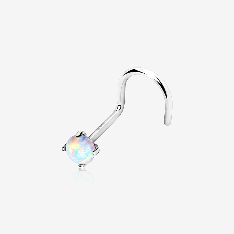 14 Karat White Gold Prong Set Fire Opal Top Nose Screw Ring