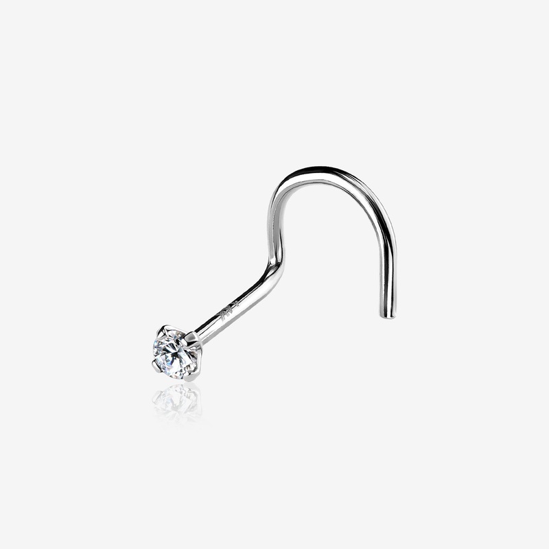 14 Karat White Gold Prong Set Gem Sparkle Nose Screw Ring 20 GA (0.8mm), 1/4″ (6mm), Gem: 2mm