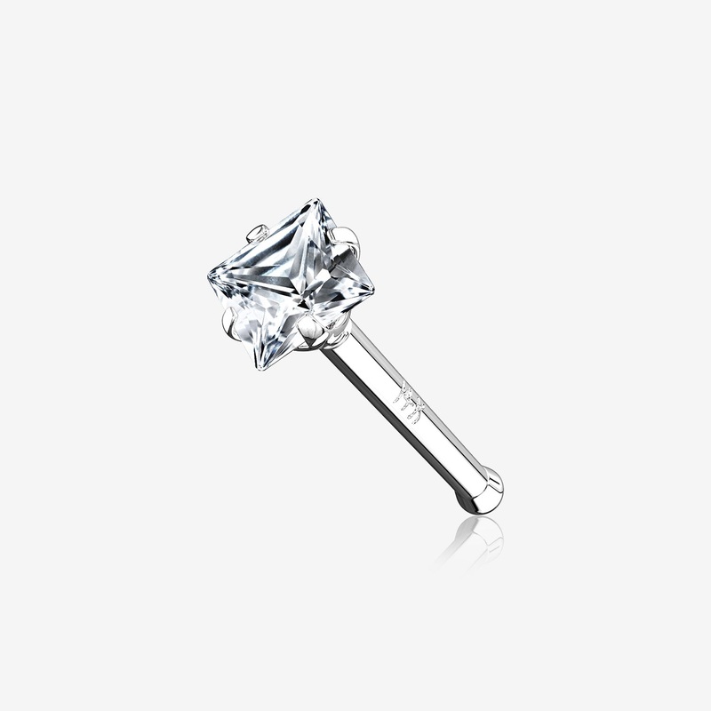 14 Karat White Gold Prong Set Square Gem Nose Stud Ring