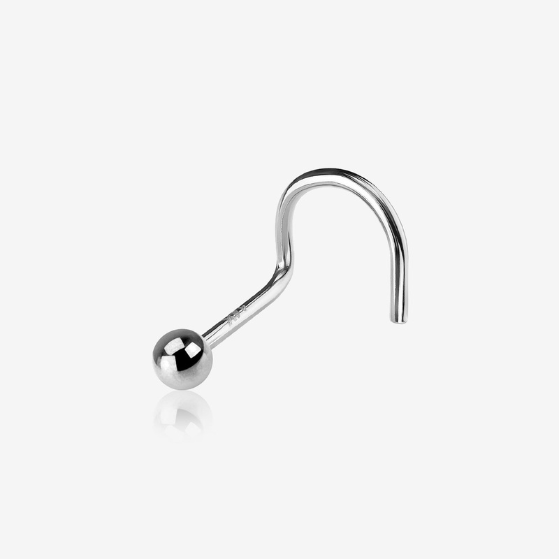 14 Karat White Gold Solid Ball Top Nose Screw Ring 20 GA (0.8mm), 1/4″ (6mm), Ball: 2mm