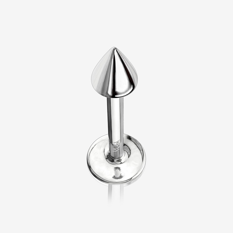 14 Karat White Gold Spike Top Flat Back Stud Labret 16 GA (1.2mm), 1/4″ (6mm), Cone: 3mm