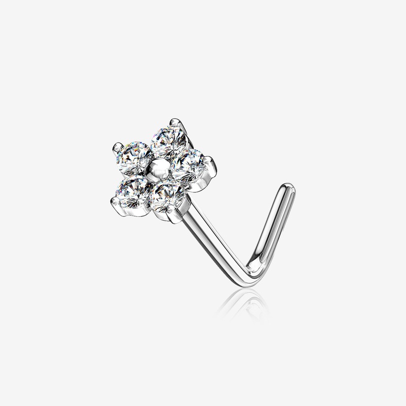 14 Karat White Gold Spring Flower Sparkle L-Shaped Nose Ring