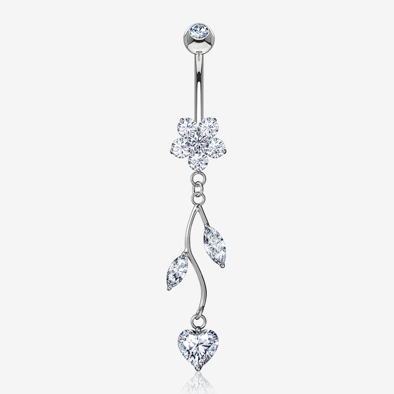 14 Karat White Gold Spring Flower Vine Sparkle Dangle Belly Button Ring