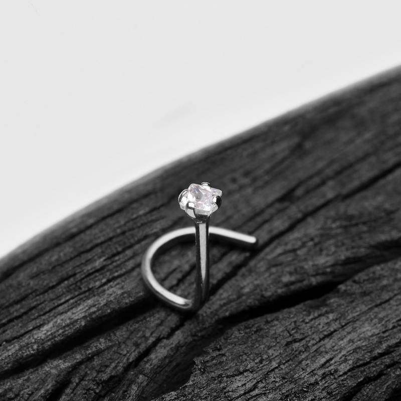 14 Karat White Gold Square Prong Set Gem Sparkle Nose Screw Ring