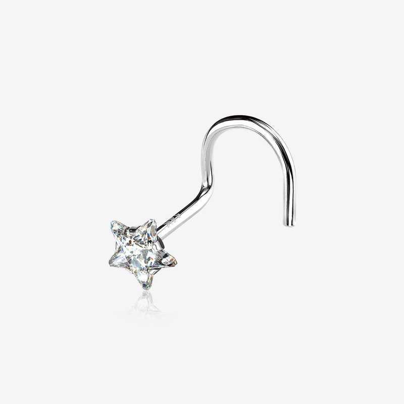 14 Karat White Gold Star Prong Set Gem Sparkle Nose Screw Ring