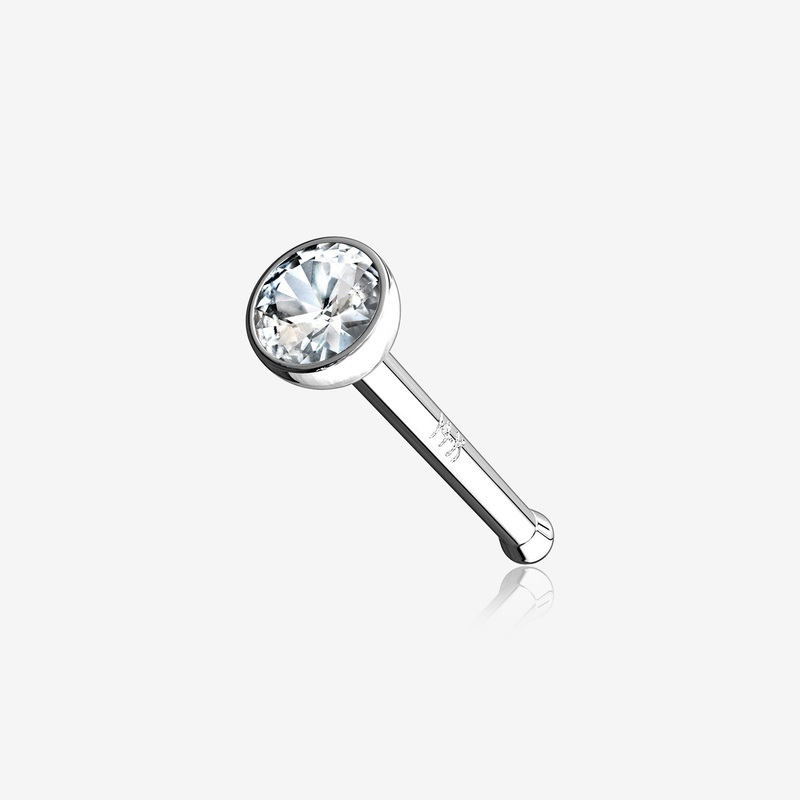 14 Karat White Gold Bezel Set Round Gem Nose Stud Ring 20 GA (0.8mm), 1/4″ (6mm), Gem: 2mm