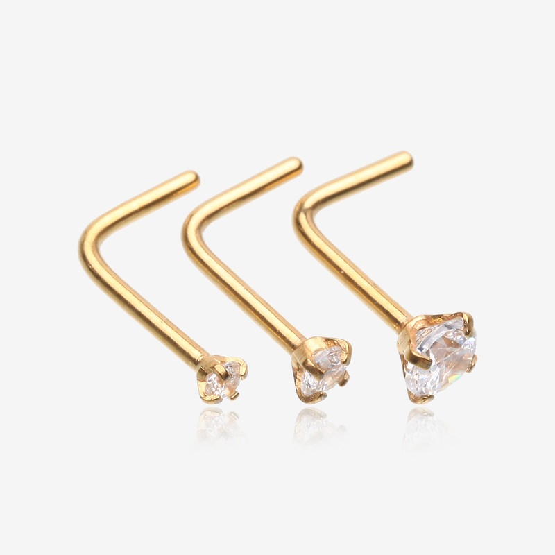 3 Pcs of Assorted Golden Prong Set Sparkle Gem L-Shaped Nose Ring Package