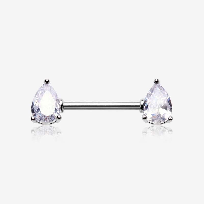 A Pair of Brilliant Teardrop Prong Sparkle Nipple Barbell 14 GA (1.6mm), 1/2″ (12mm)