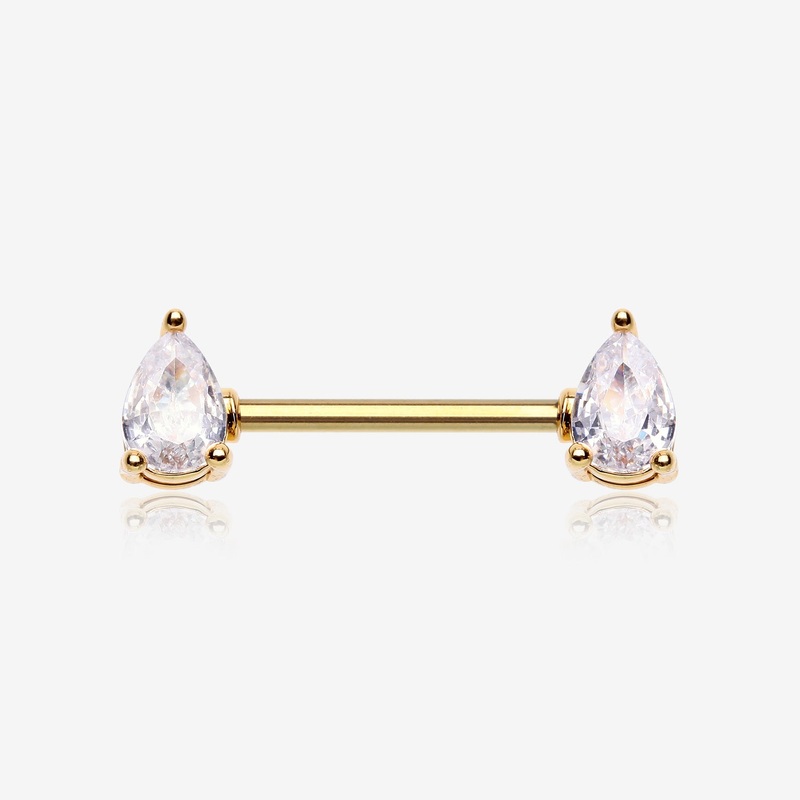 A Pair of Golden Brilliant Teardrop Prong Sparkle Nipple Barbell 14 GA (1.6mm), 1/2″ (12mm)