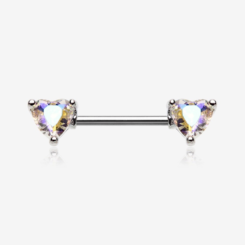 A Pair of Iridescent Heart Sparkle Nipple Barbell 14 GA (1.6mm), 1/2″ (12mm)