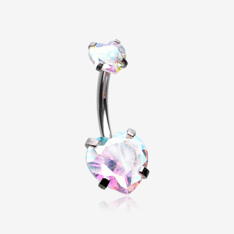 Double Heart Sparkle Prong Internally Threaded Belly Button Ring