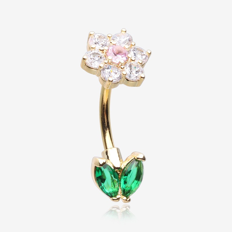 Golden Blooming Sparkle Spring Flower Belly Button Ring
