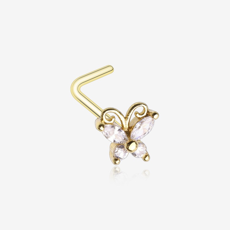 Golden Dainty Butterfly Sparkle Multi-Gem L-Shaped Nose Ring