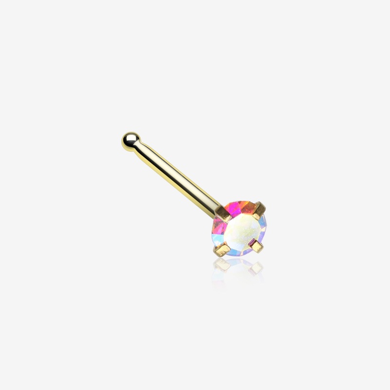 Golden Iridescent Sparkle Gem Prong Set Nose Stud Ring 20 GA (0.8mm), 9/32″ (7mm), Gem: 2mm