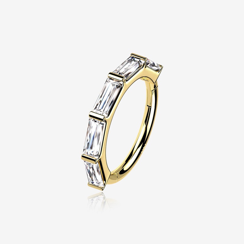 14 Karat Gold Brilliant Baguette Gem Segmented Seamless Clicker Hoop Ring