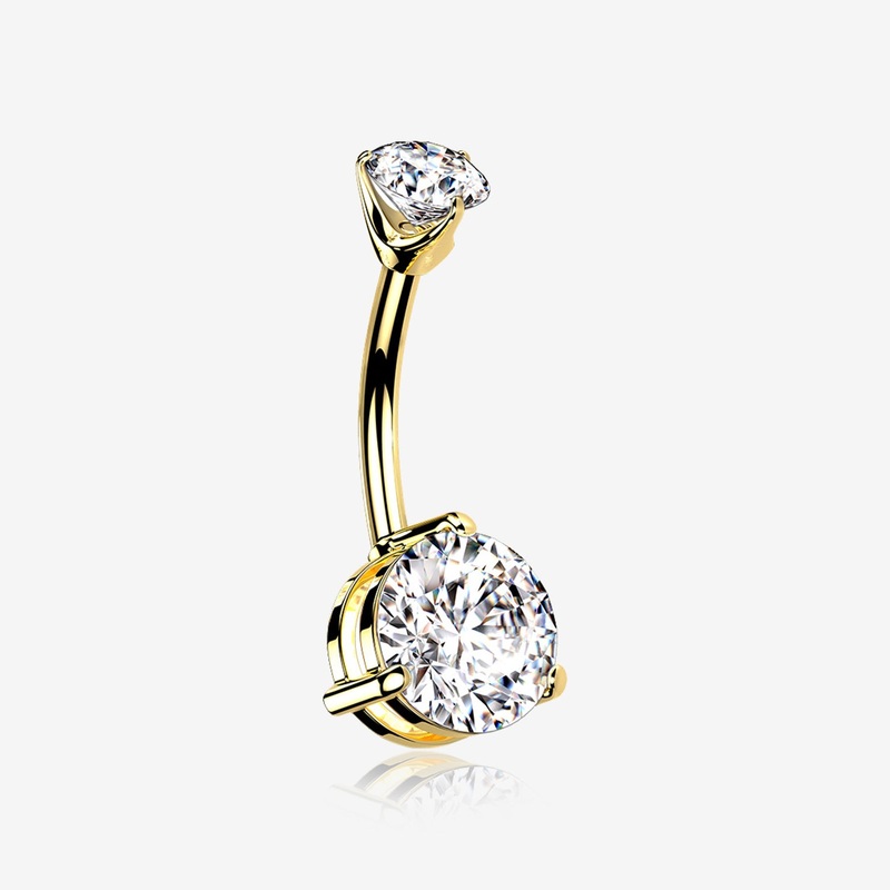 14 Karat Gold Brilliant Sparkle Double Prong Belly Button Ring 14 GA (1.6mm), 3/8″ (10mm), Gem: 4x6mm