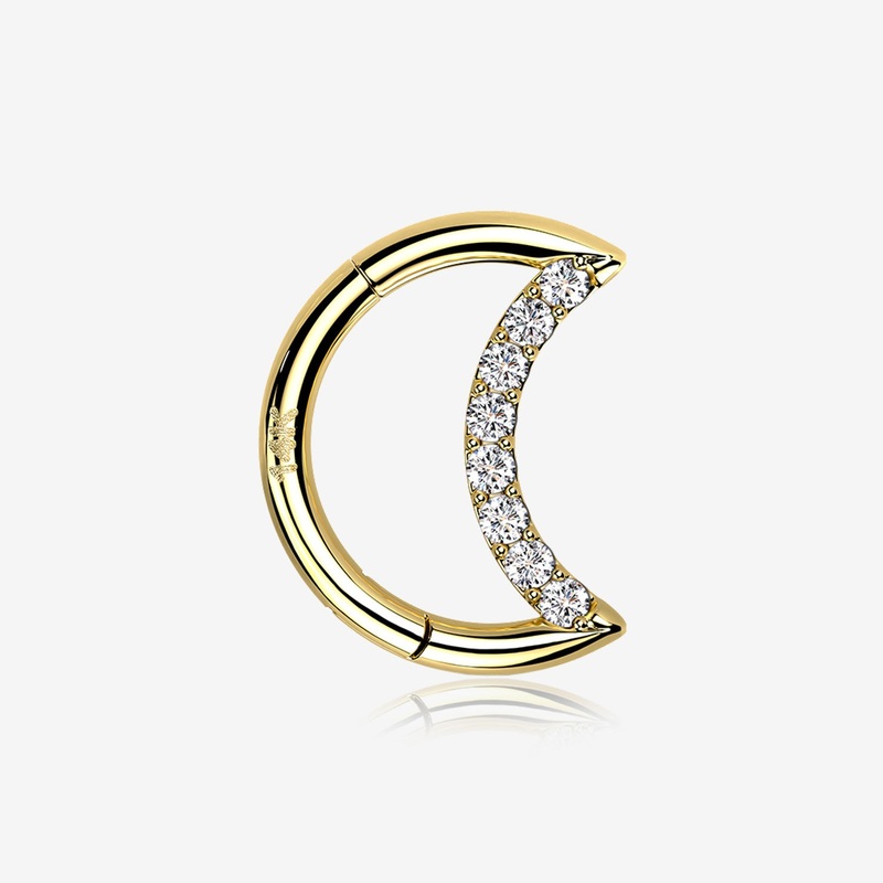 14 Karat Gold Brilliant Sparkle Gem Lined Crescent Moon Seamless Clicker Hoop Ring