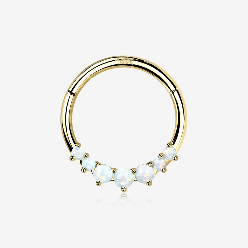 14 Karat Gold Cascading Fire Opal Prong Set Lined Seamless Clicker Hoop Ring 16 GA (1.2mm), 5/16″ (8mm)