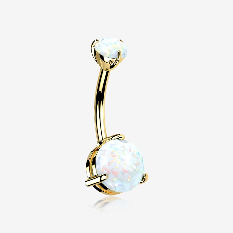 14 Karat Gold Fire Opal Sparkle Double Prong Belly Button Ring 14 GA (1.6mm), 3/8″ (10mm), Gem: 4x6mm