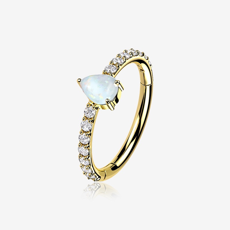 14 Karat Gold Teardrop Fire Opal Multi-Gem Seamless Clicker Hoop Ring 16 GA (1.2mm), 5/16″ (8mm)