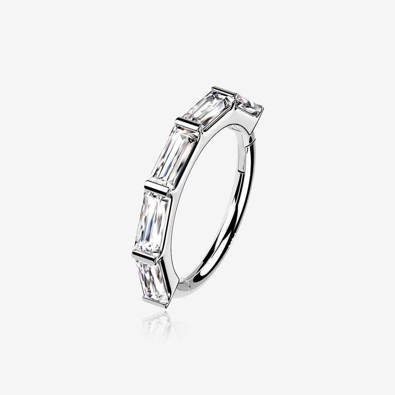 14 Karat White Gold Brilliant Baguette Gem Segmented Seamless Clicker Hoop Ring