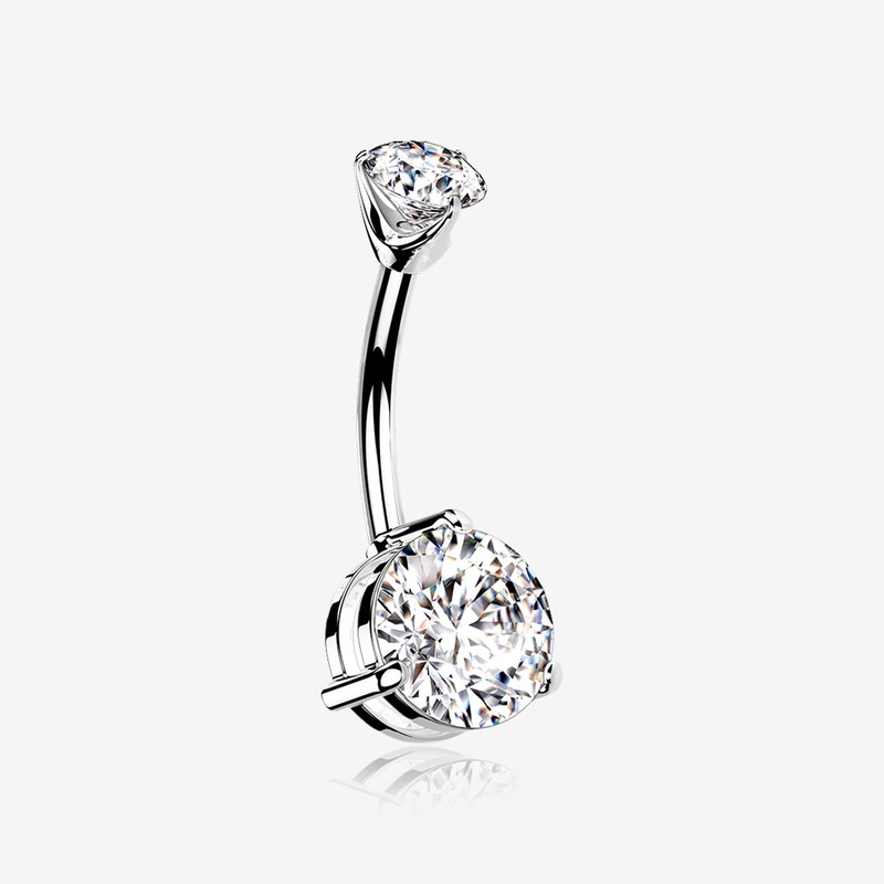 14 Karat White Gold Brilliant Sparkle Double Prong Belly Button Ring 14 GA (1.6mm), 3/8″ (10mm), Gem: 4x6mm