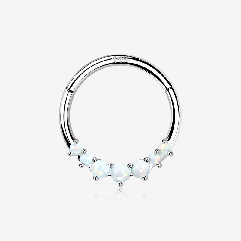 14 Karat White Gold Cascading Fire Opal Prong Set Lined Seamless Clicker Hoop Ring 16 GA (1.2mm), 5/16″ (8mm)