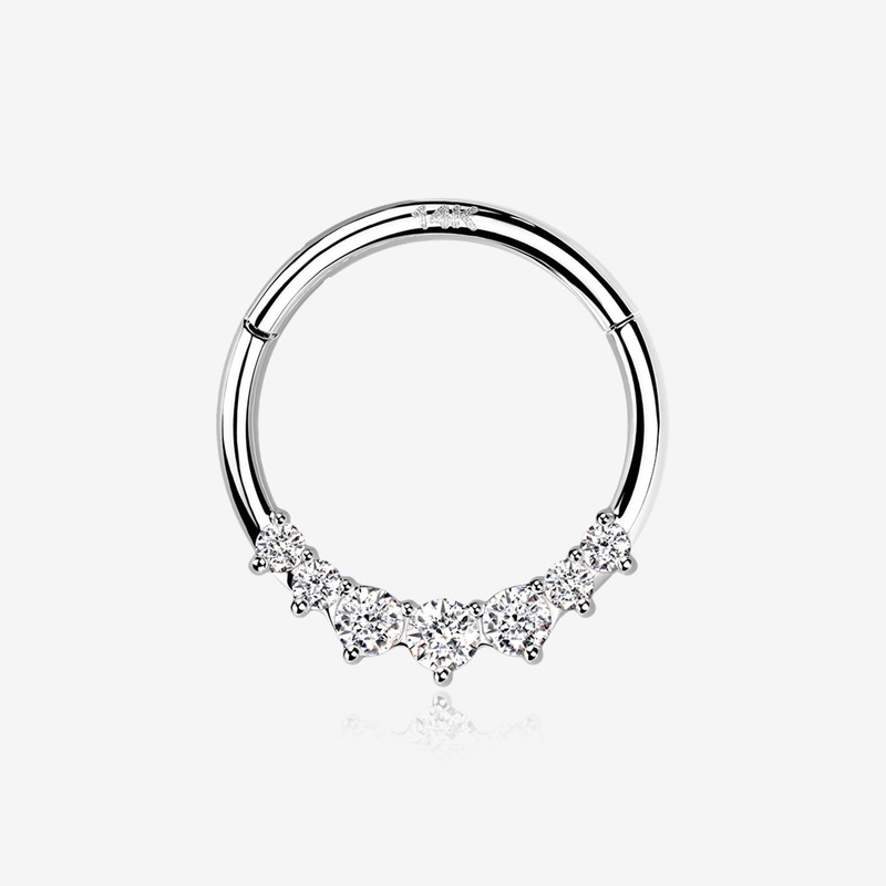 14 Karat White Gold Cascading Multi-Gem Prong Set Lined Seamless Clicker Hoop Ring 16 GA (1.2mm), 5/16″ (8mm)