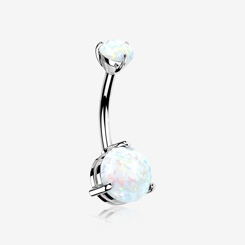 14 Karat White Gold Fire Opal Sparkle Double Prong Belly Button Ring 14 GA (1.6mm), 3/8″ (10mm), Gem: 4x6mm