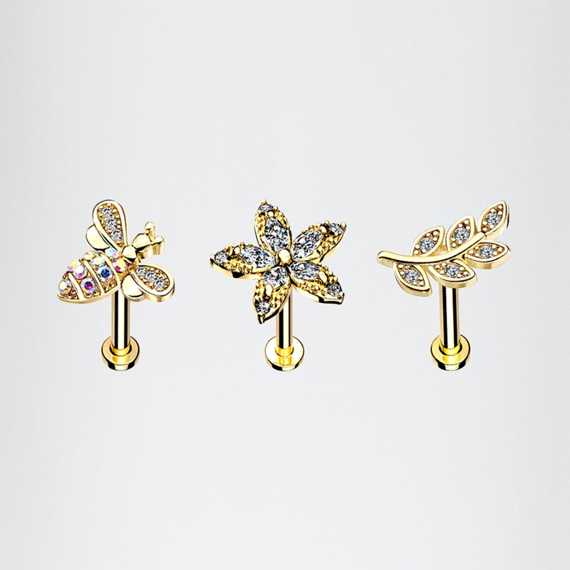 3 Pcs of Assorted Golden Honey Bee Flower Leaf Internally Threaded Labret Package 16 GA (1.2mm), 1/4″ (6mm)