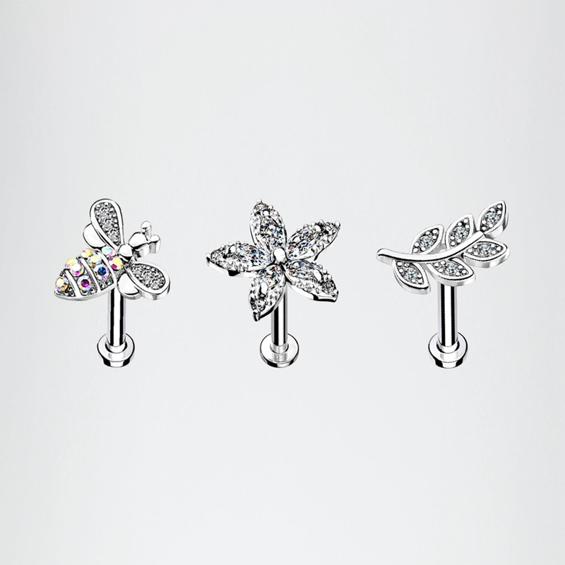 3 Pcs of Assorted Honey Bee Flower Leaf Internally Threaded Labret Package 16 GA (1.2mm), 1/4″ (6mm)