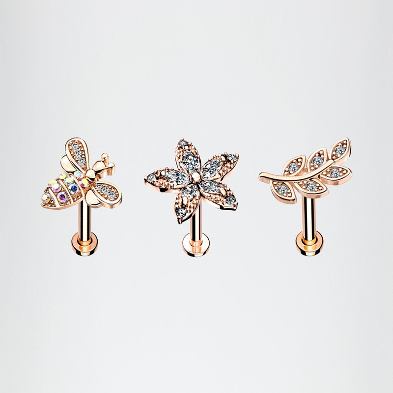 3 Pcs of Assorted Rose Gold Honey Bee Flower Leaf Internally Threaded Labret Package 16 GA (1.2mm), 1/4″ (6mm)