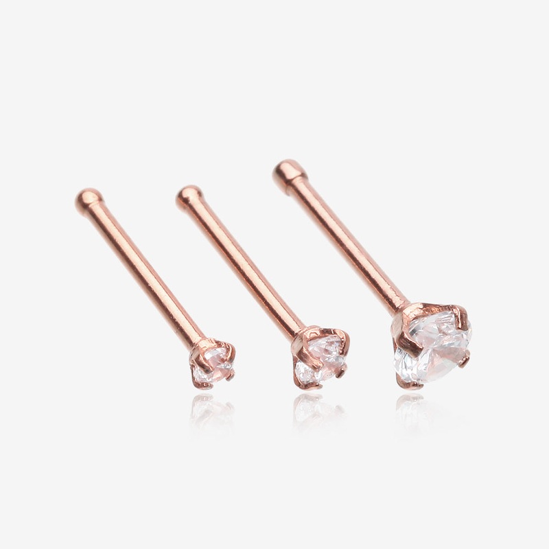 3 Pcs of Assorted Rose Gold Prong Set Sparkle Gem Nose Stud Ring Package