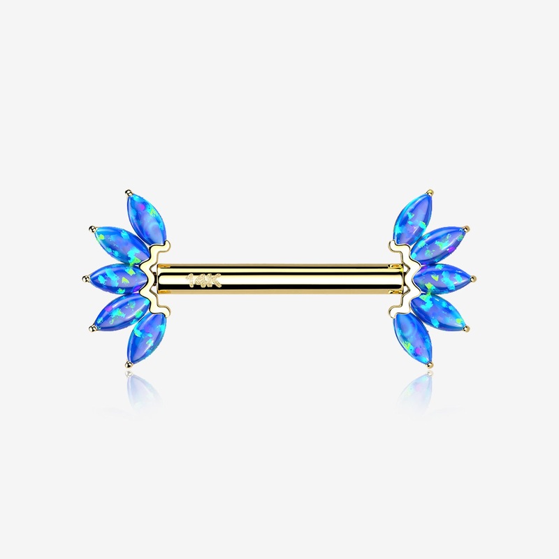 A Pair of 14 Karat Gold OneFit Threadless Marquise Fire Opal Floral Nipple Barbell 14 GA (1.6mm), 1/2″ (12mm)