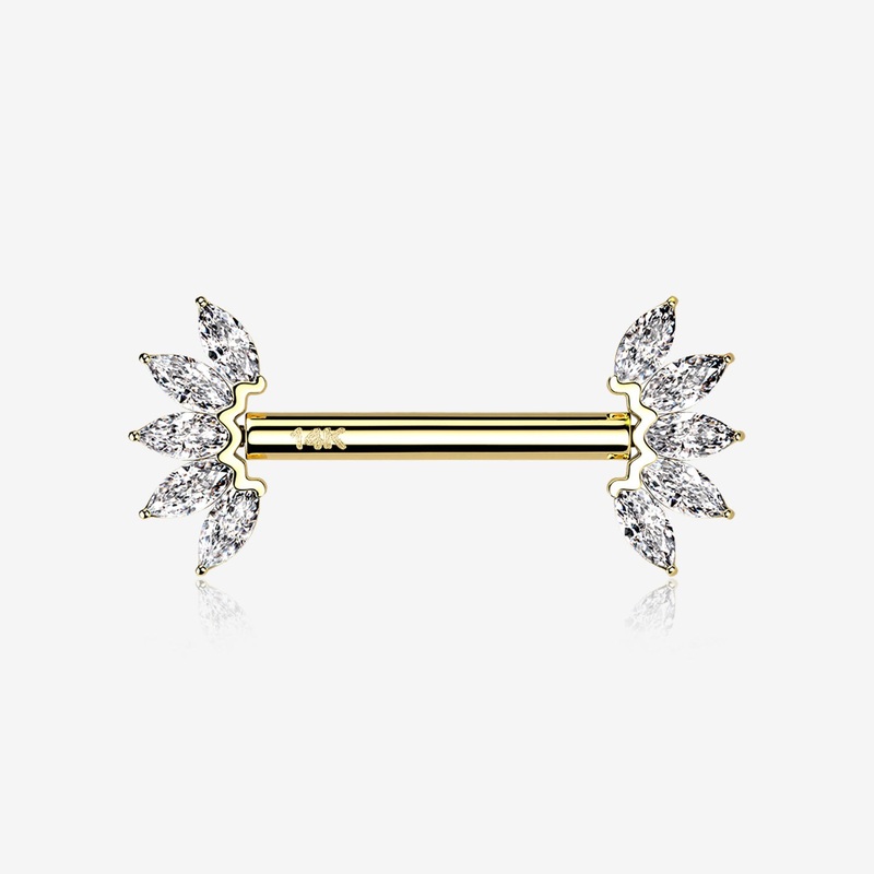 A Pair of 14 Karat Gold OneFit Threadless Marquise Sparkle Floral Nipple Barbell 14 GA (1.6mm), 1/2″ (12mm)