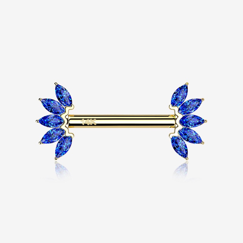 A Pair of 14 Karat Gold OneFit Threadless Marquise Sparkle Floral Nipple Barbell