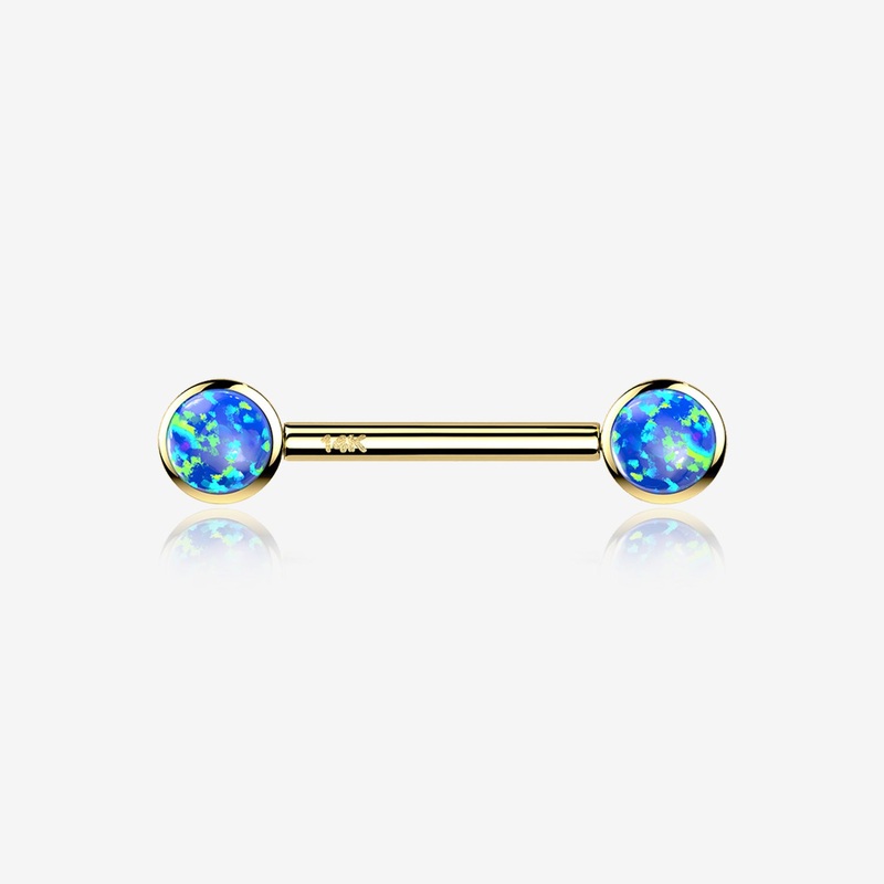 A Pair of 14 Karat Gold OneFit Threadless Round Fire Opal Bezel Set Nipple Barbell