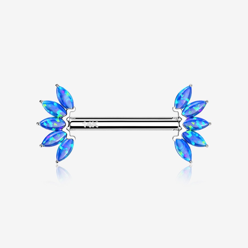 A Pair of 14 Karat White Gold OneFit Threadless Marquise Fire Opal Floral Nipple Barbell 14 GA (1.6mm), 1/2″ (12mm)