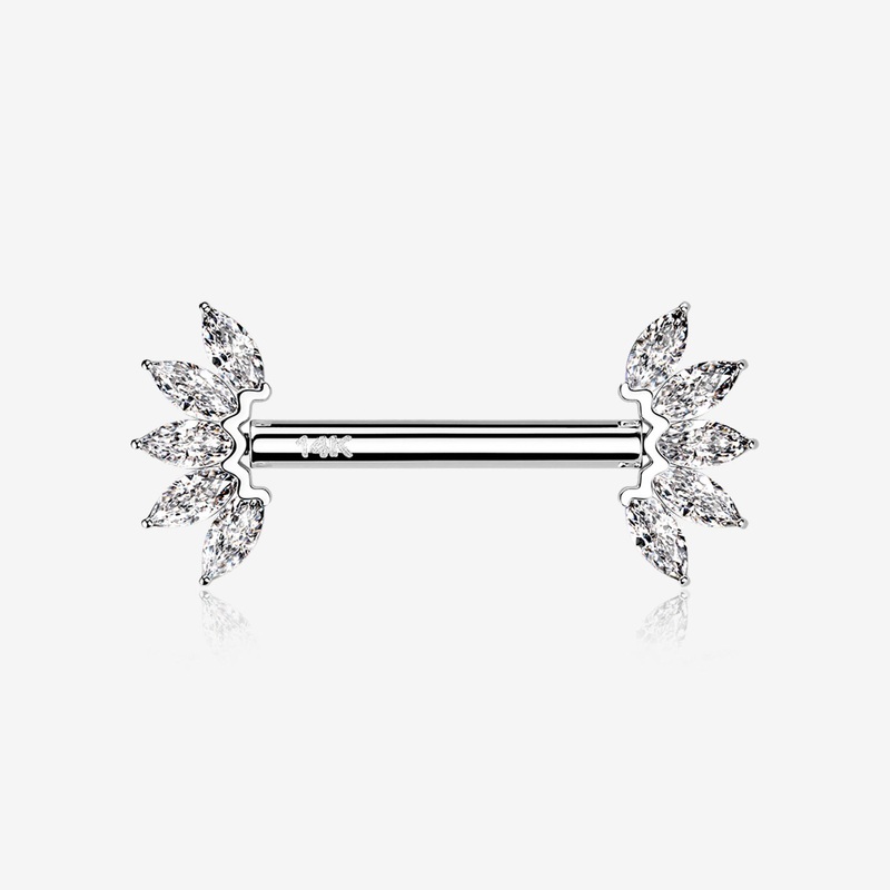 A Pair of 14 Karat White Gold OneFit Threadless Marquise Sparkle Floral Nipple Barbell 14 GA (1.6mm), 1/2″ (12mm)