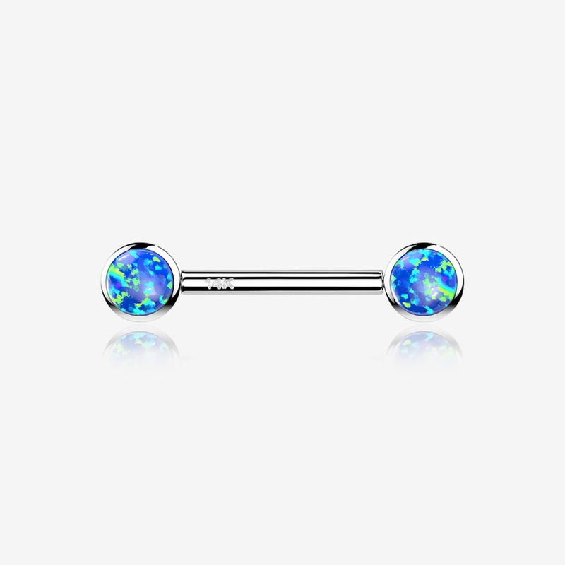 A Pair of 14 Karat White Gold OneFit Threadless Round Fire Opal Bezel Set Nipple Barbell
